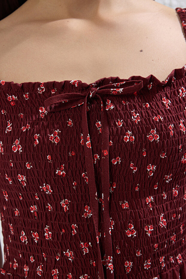 Bordo Çiçekli Eteği Belden Açılan Bağlama Detaylı Kısa / Mini  Dokuma Elbise TWOSS25EL00400 - 3