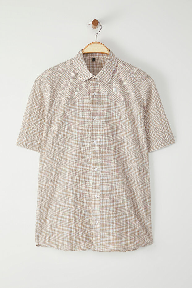 Bej Oversize Kareli Kırışık efektli Gömlek TMNSS25GO00047 - 5