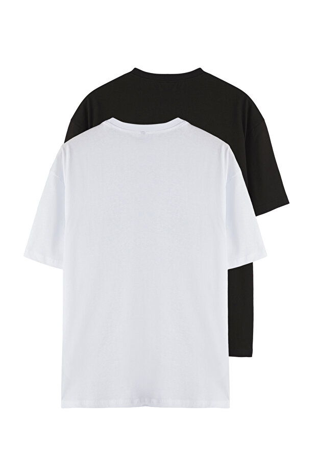 Beyaz-Siyah Oversize/Geniş Kesim 2'li Paket Kartal Baskı-Düz %100 Pamuk T-Shirt TMNSS25TS00214 - 13