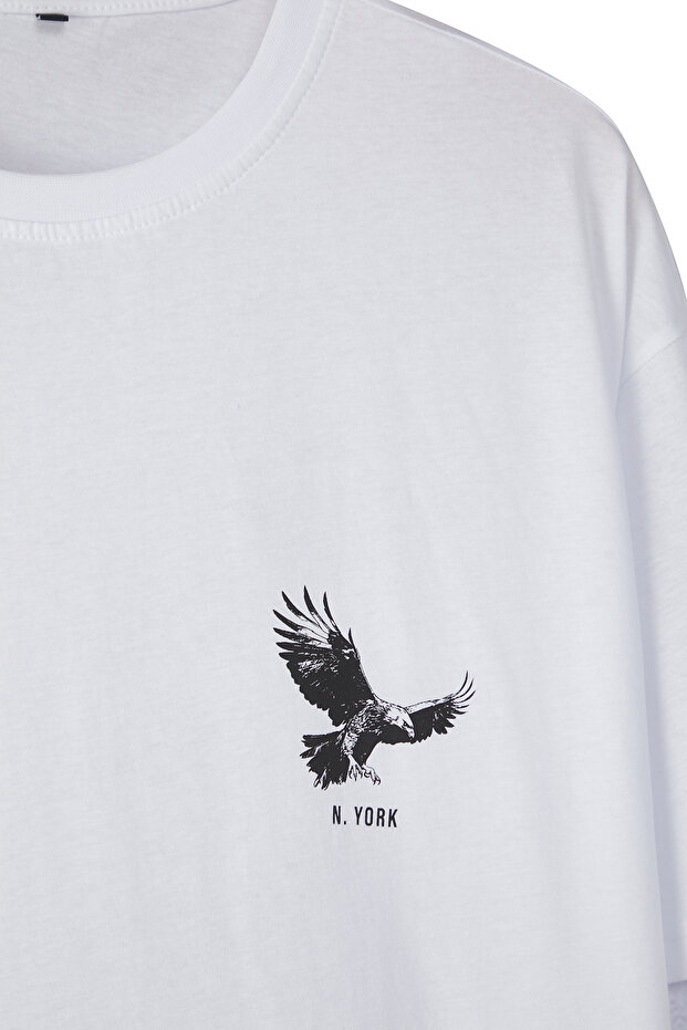 Beyaz-Siyah Oversize/Geniş Kesim 2'li Paket Kartal Baskı-Düz %100 Pamuk T-Shirt TMNSS25TS00214 - 9