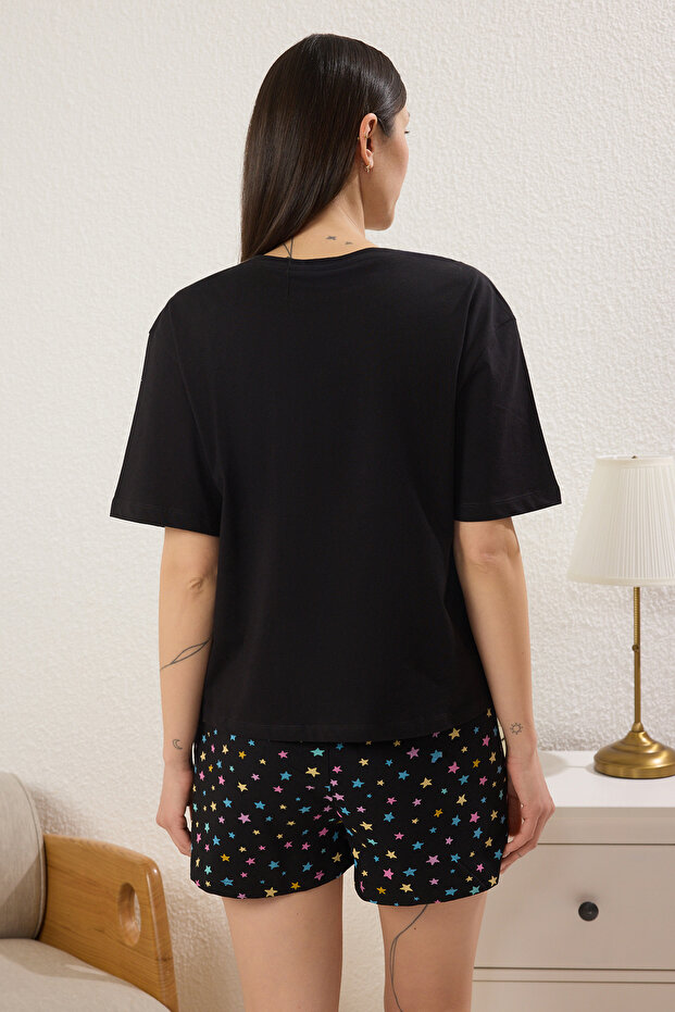 Siyah-Çok Renkli %100 Pamuklu Ayıcık ve Yıldız Baskılı Şortlu Örme Pijama Takımı THMSS25PT00350 - 5