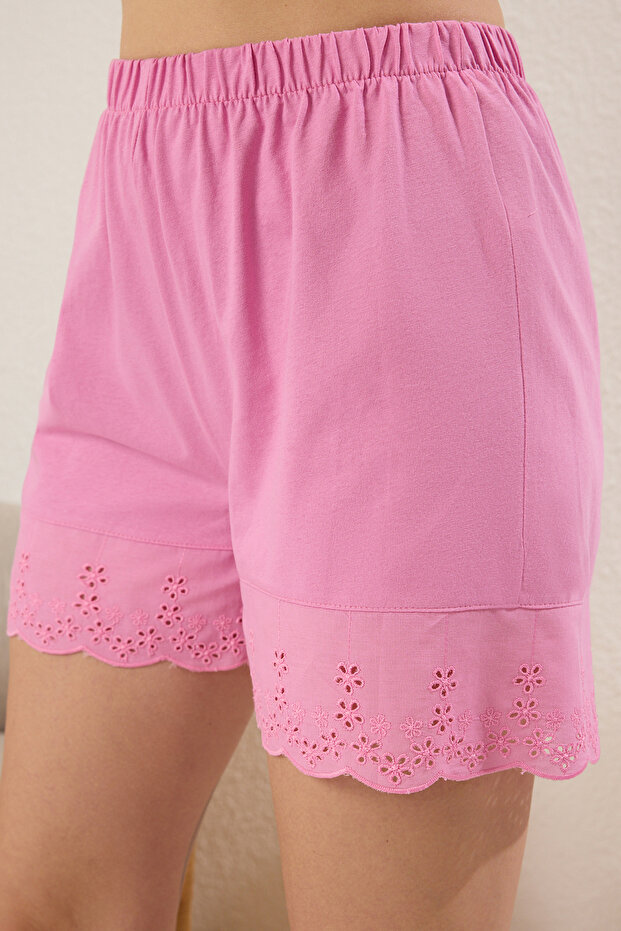 Pembe %100 Pamuklu Brodeli Şortlu Örme Pijama Takımı THMSS25PT00303 - 3