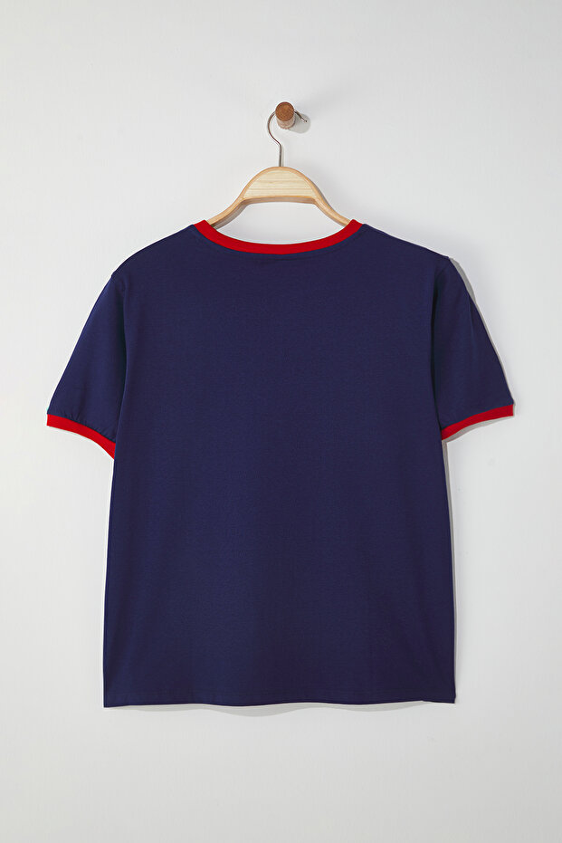 Lacivert Bisiklet Yaka Basklı Örme Büyük Beden T-Shirt TBBSS25BF00014 - 8