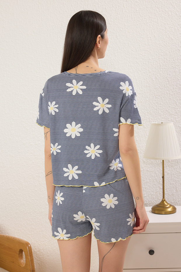 Lacivert Çiçekli ve Çizgili Baby Overlok Detaylı Şortlu Örme Pijama Takımı THMSS25PT00205 - 4