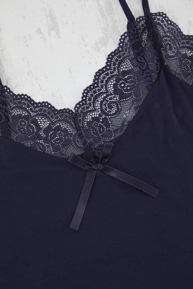 Lacivert V Yaka Dantelli Örme Pijama Takımı TBBSS25AI00098 - 3