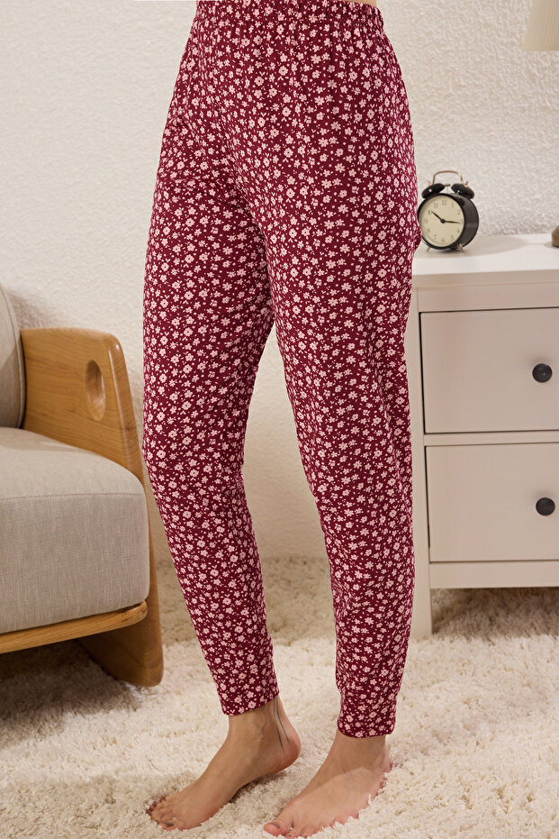 Bordo %100 Pamuklu Çiçekli Sloganlı Örme Pijama Takımı THMSS25PT00382 - 3