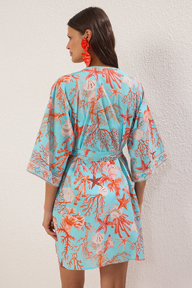 Su Altı Desenli Dokuma Şeritli Plaj Mini Kuşaklı Kimono&Kaftan TBESS25KM00026 - 4
