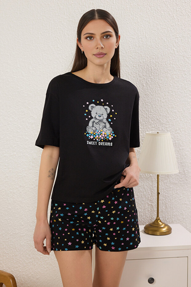 Siyah-Çok Renkli %100 Pamuklu Ayıcık ve Yıldız Baskılı Şortlu Örme Pijama Takımı THMSS25PT00350 - 2