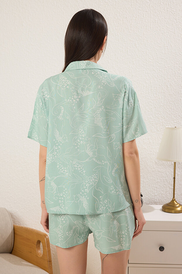 Mint Hayvan Desenli Viskon Şortlu Dokuma Pijama Takımı THMSS25PT00315 - 4