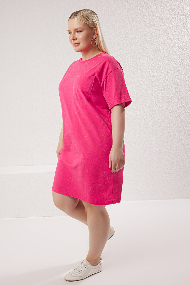 Crew Neck rózsaszín mosott nagy méretű póló ruha - TBBSS25AH00007 - 2