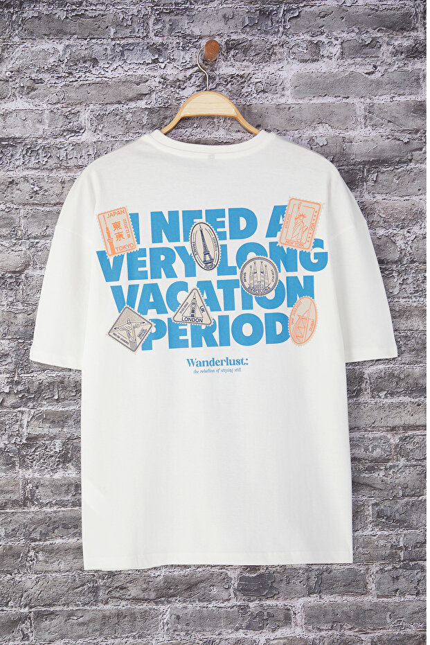 Ekru Oversize/Geniş Kesim Baskılı %100 Pamuklu T-Shirt TMNSS25TS00223 - 6