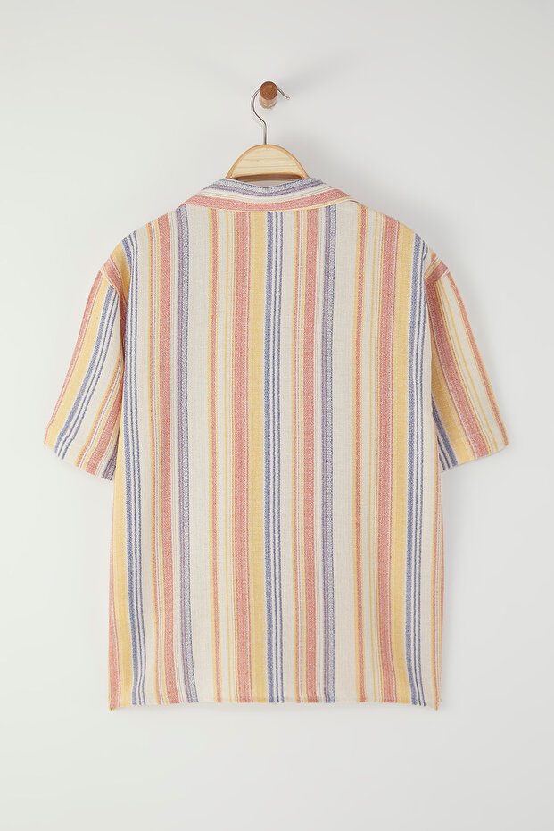 Çok Renkli Oversize Fit Çizgili Dokulu Kumaş Yazlık Keten Görünümlü Erkek Gömlek TMNSS25GO00065 - 4