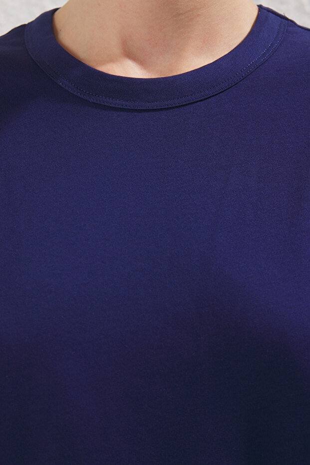 Lacivert %100 Pamuk Regular/Normal Kalıp Takma Yaka Detaylı Örme T-Shirt TWOSS25TS00181 - 3
