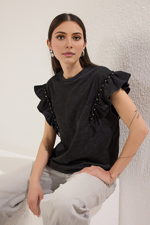 Antrasit Kalın Pamuklu Relaxed/Rahat Kalıp Yıkamalı Troklu Örme T-Shirt TWOSS25TS00158 - 2