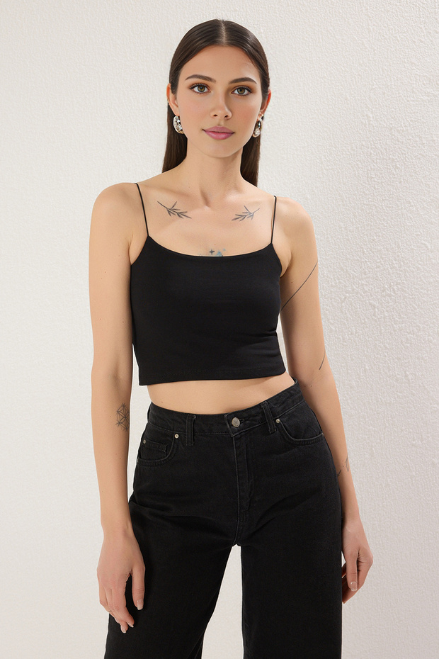 Siyah-Ekru-Yeşil 3'lü Paket Askılı Crop Vücuda Oturan Esnek Örme Atlet TWOSS25AL00051 - 6