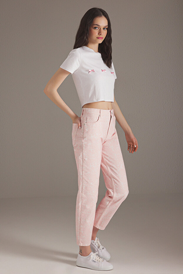 Pembe Şal Desenli Yüksek Bel Mom Jeans TWOSS25JE00237 - 3