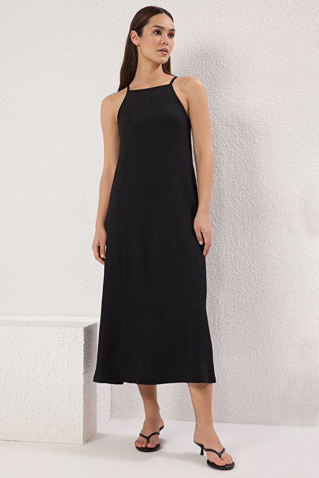 Siyah Midi Halter Yaka Bodycone/Vücuda Oturan Örme Elbise TWOSS25EL00160 - 1