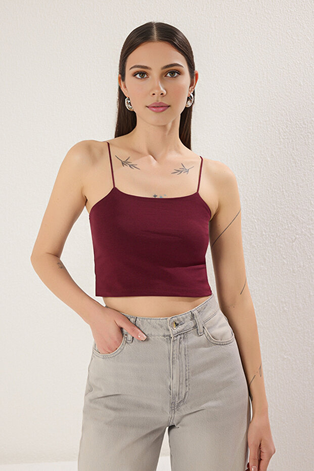 Antrasit-Beyaz-Bordo-Bej 4'lü Paket Askılı Crop Vücuda Oturan Esnek Örme Atlet TWOSS25AL00051 - 3