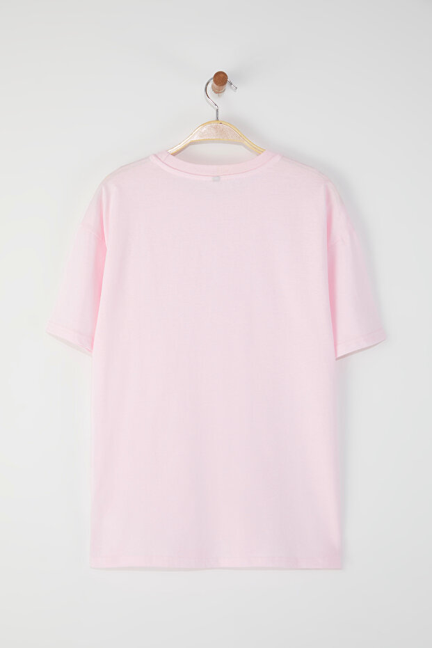 Açık Pembe %100 Pamuk Bisiklet Yaka Oversize/Geniş Kalıp Örme T-Shirt TWOSS20TS0134 - 7