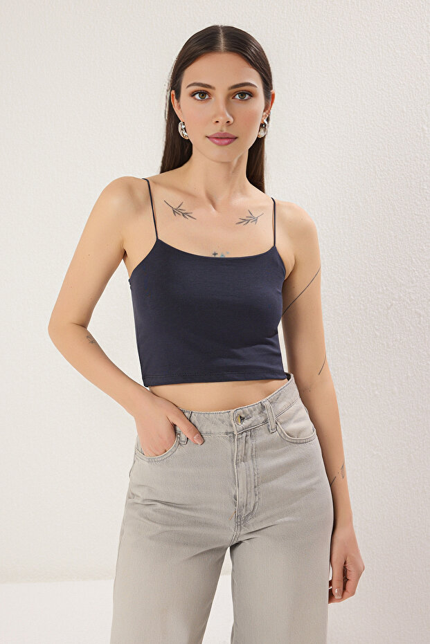 Antrasit-Beyaz-Bordo-Bej 4'lü Paket Askılı Crop Vücuda Oturan Esnek Örme Atlet TWOSS25AL00051 - 5
