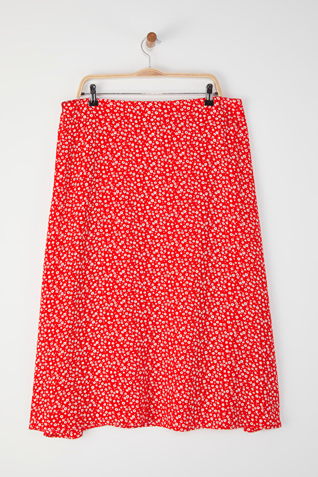 Czerwona, jaskrawo-kwiatowa, rozcięta, tkana spódnica midi z wiskozy TBBSS22AZ0001 - 7