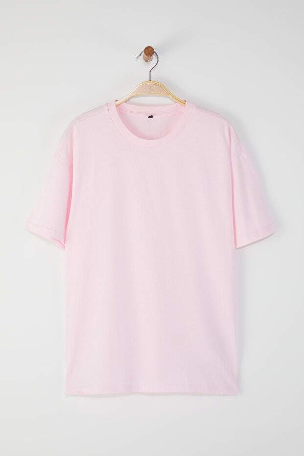 Açık Pembe %100 Pamuk Bisiklet Yaka Oversize/Geniş Kalıp Örme T-Shirt TWOSS20TS0134 - 6