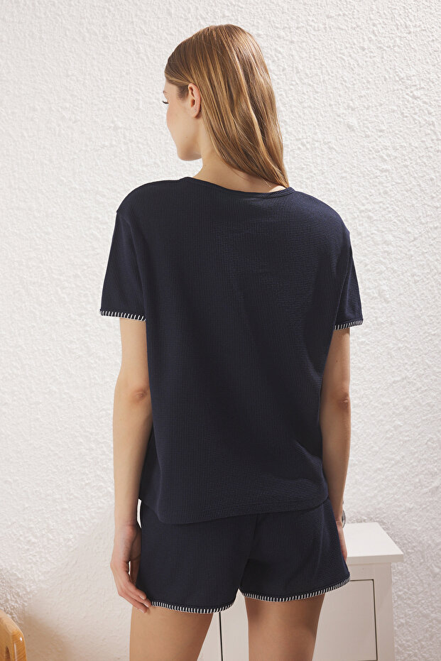Lacivert Karyoka Dikiş Detaylı Waffle Kumaş Şortlu Örme Pijama Takımı THMSS25PT00157 - 4