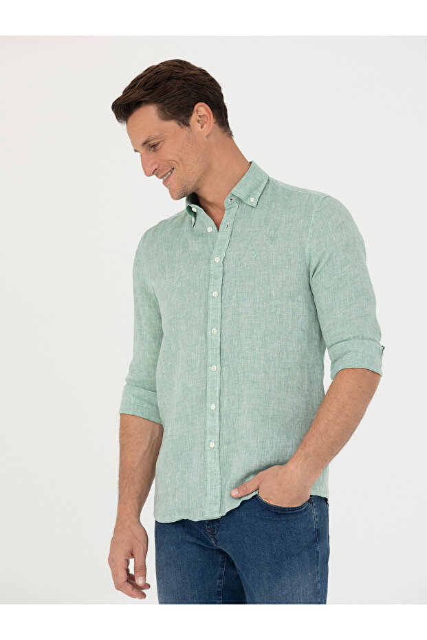 Khaki Slim Fit 100% Linen Shirt 50269214-Vr027