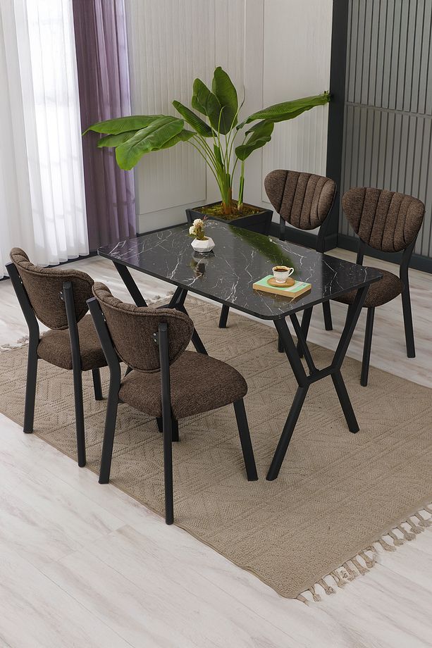 Elma Modeli Masa Sandalye Takımı, 4 Sandalye 1 Sabit Siyah Mermer Desen Masa  110x70 Cm, Keten Kumaş - 1