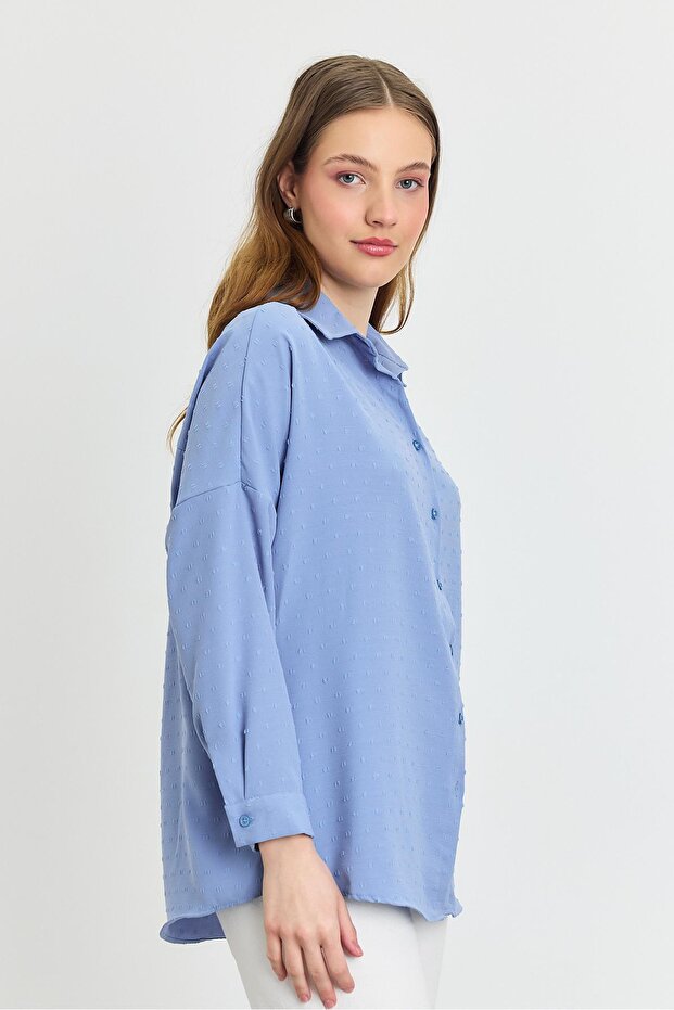 4635A قميص فضفاض منقوش باللون الأزرق - 3