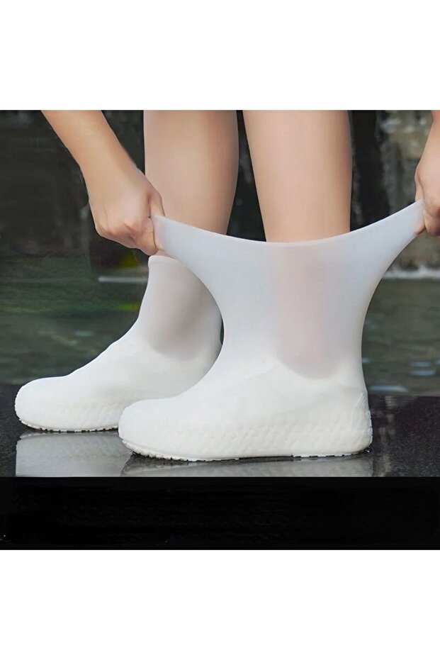 M 34-39 White 1 Pair Rain Boot Overshoes For Outdoor Use, Silicone Waterproof Shoe Covers, Rainy Da
