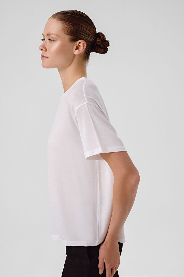 Ekru Bisiklet Yaka Basic Kadın Tişört - 3