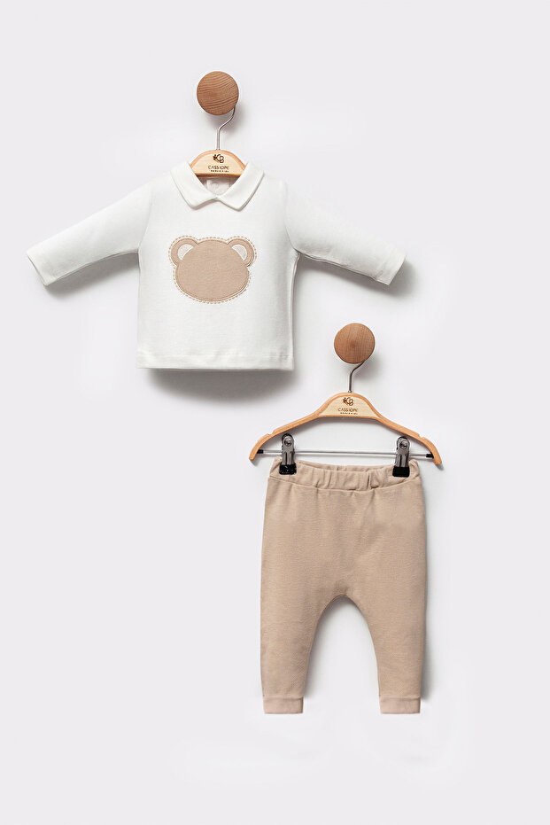 Soft Cotton Polo Collar Teddy Bear Embroidered Holiday 2-Piece Bottom Top Baby Boy Set