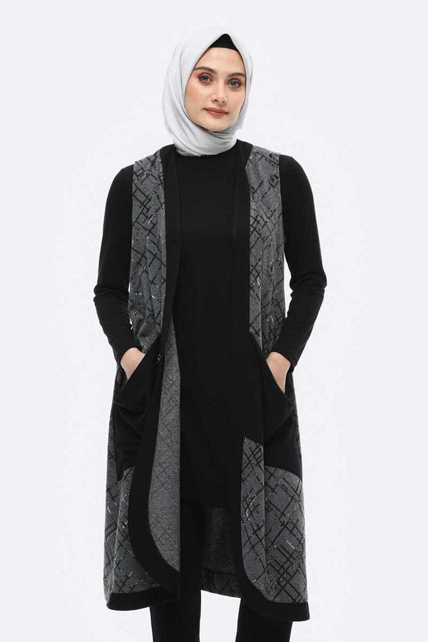 Uzun Kollu Tunik- Desenli Yelek Twinset - 2