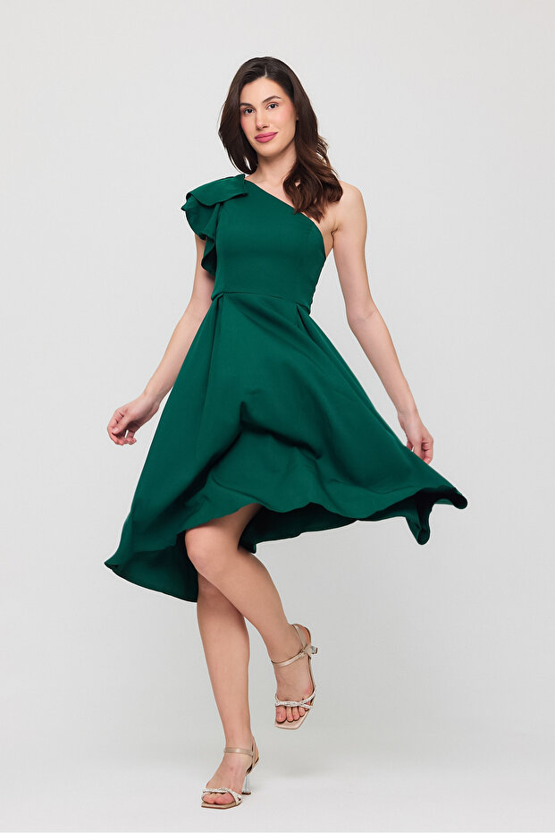 One Shoulder Ruffle Sleeve Pleated Midi Length Evening Dress