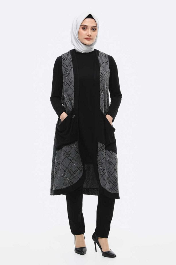 Uzun Kollu Tunik- Desenli Yelek Twinset - 1