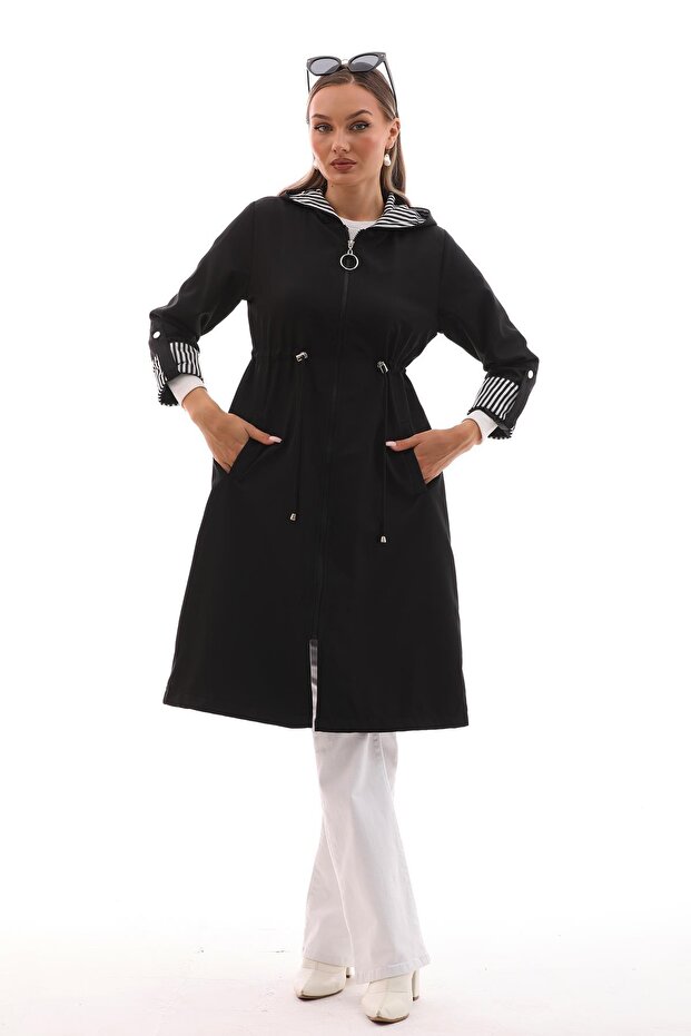 Women's Long Trench Coat with Collar Cuffs and Drawstring Waist 255247 -