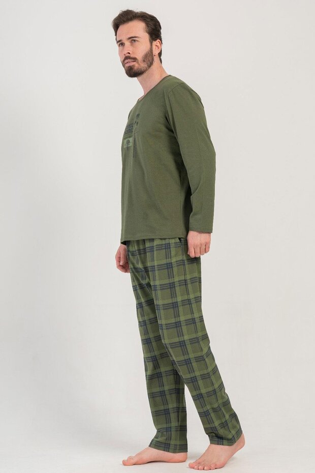 Vienetta Man Haki Erkek Uzun Kollu Pamuklu Pijama Takımı - 3