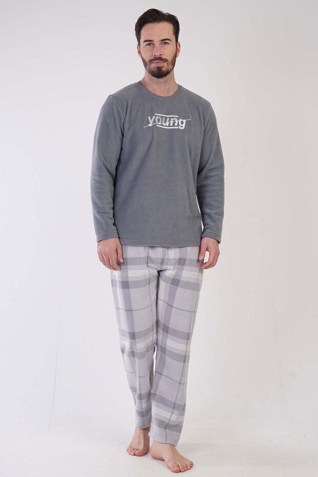 Vienetta Man Erkek Gri Uzun Kollu Polar Pijama Takımı - 1