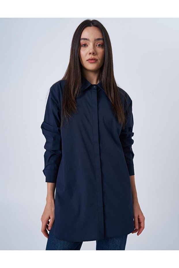 Gömlek Yaka Basic Poplin Tunik Lacivert - 1
