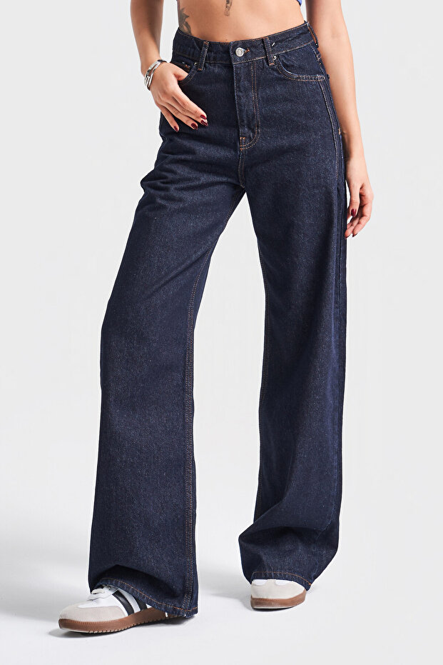 Women's Navy Blue Water Wash Olea 7W4-50 Wide Leg Fit 100% Cotton Denim Jeans