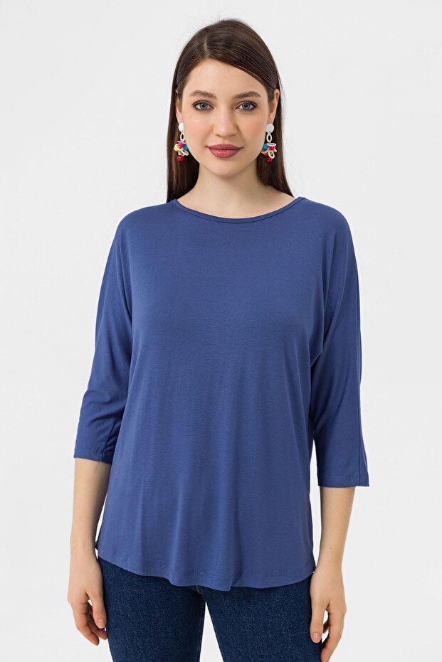 Crew Neck Elbow Sleeve Loose Blouse 260020 - 270005
