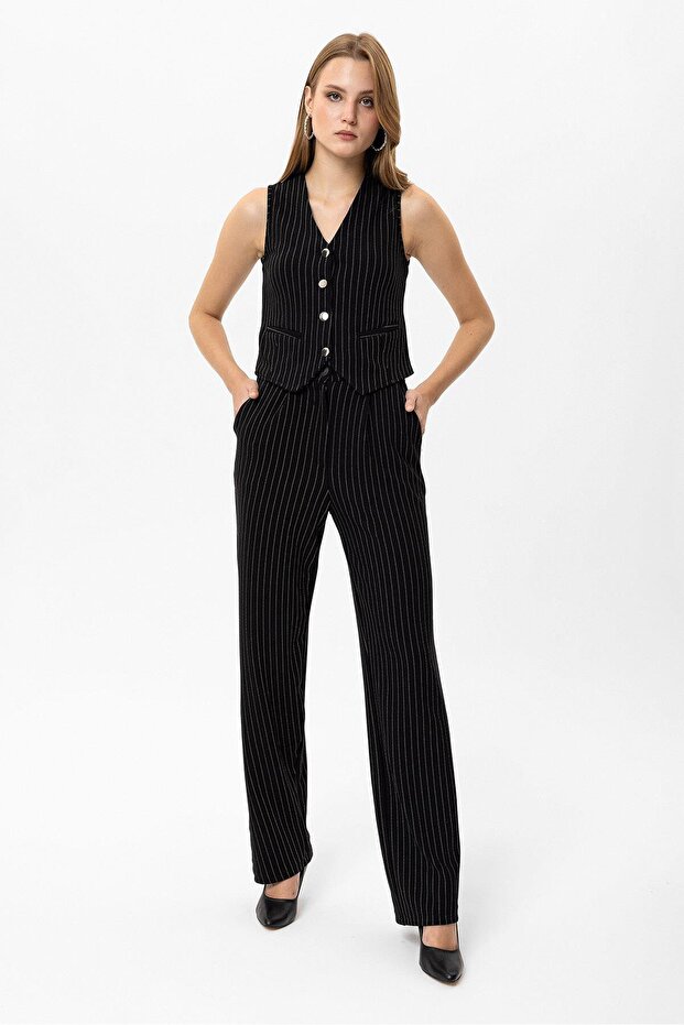 Women's Striped Patterned Vest and Pants Double Set 250466 -