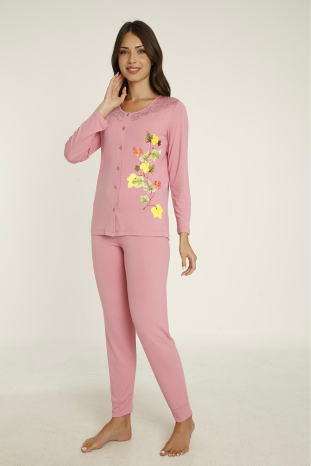 Printed Women's Pajamas Set with Buttons and Lace Detail