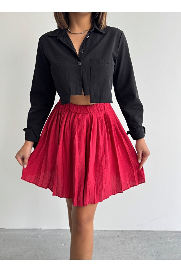Women's Red Modal Textured Pleated Mini Skirt with Shorts