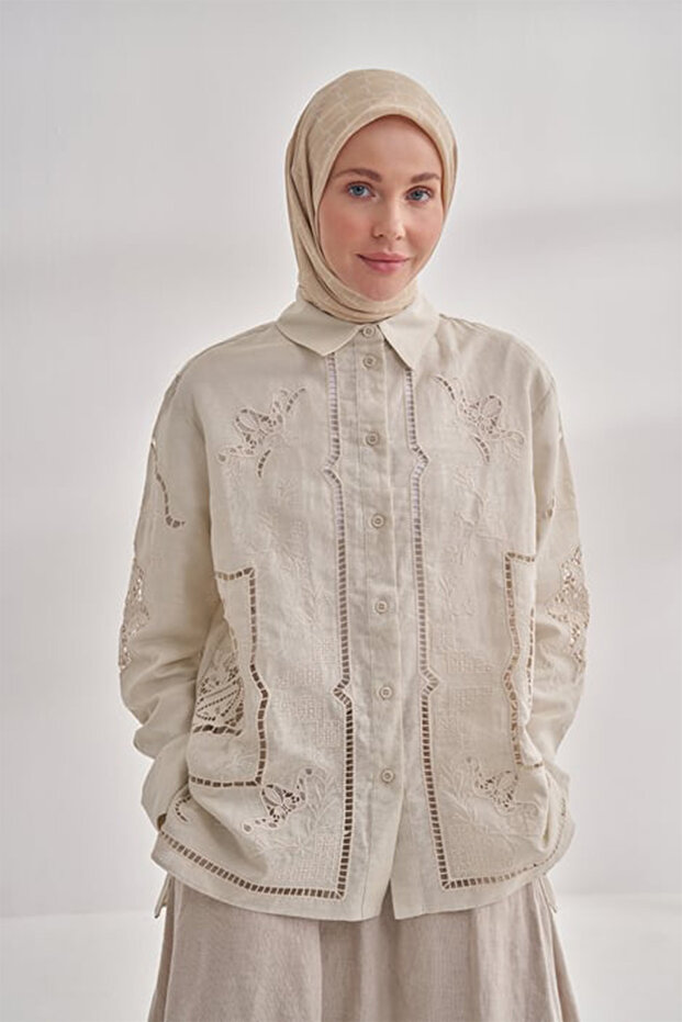 وشاح قطني بنمط سلسلة - بيج - 1