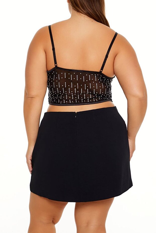 Plus Size Transparan Taşlı Bluz - 3