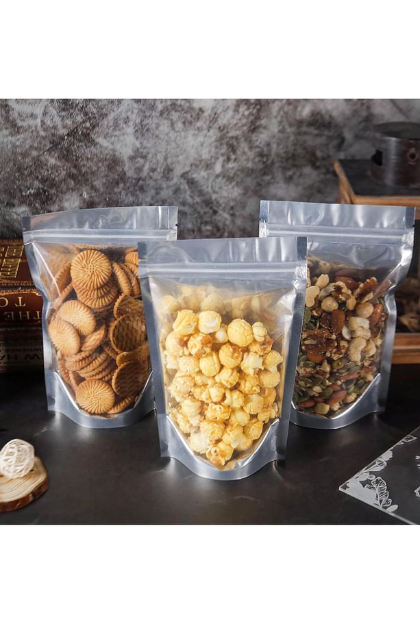 20 Adet Şeffaf Metalize Doypack Poşet Dayanıklı Yeniden Kullanılabilir Gıda Koruma Paketi 13x22 - 4