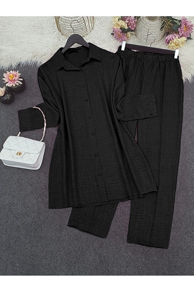 Ball Button Shirt Pants Suit -Black