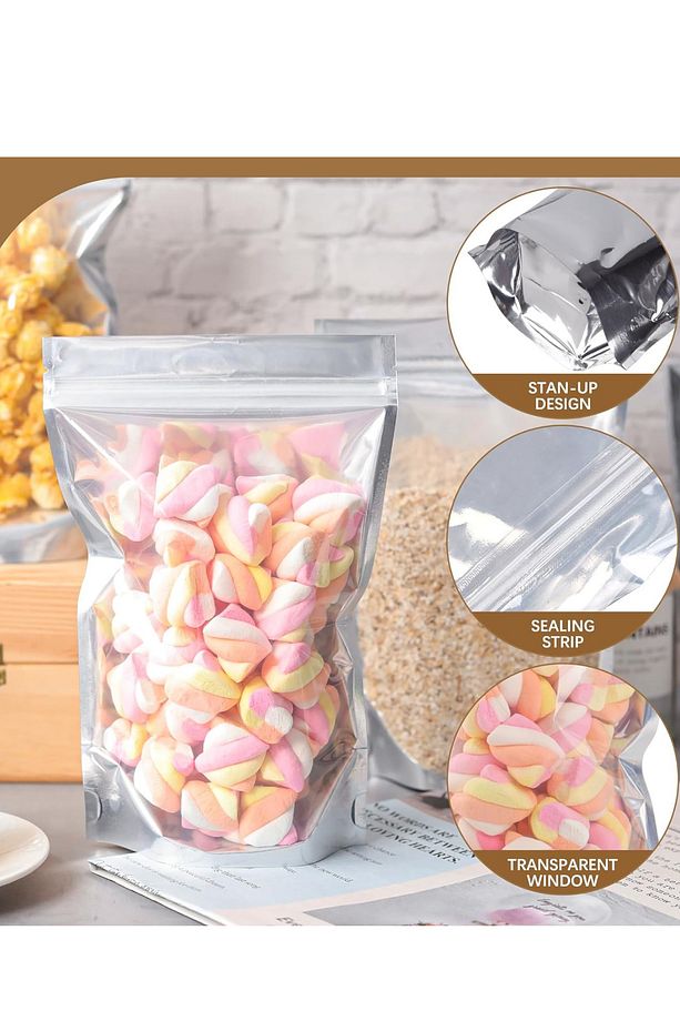 20 Adet Şeffaf Metalize Doypack Poşet Dayanıklı Yeniden Kullanılabilir Gıda Koruma Paketi 13x22 - 3